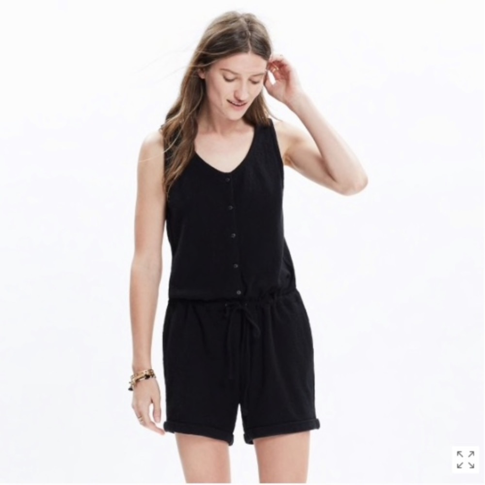 New Madewell black button front drawstring romper size small